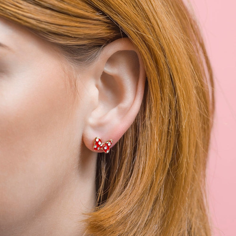 Boucles d'oreilles Disney en forme de nœud de Minnie Mouse, métal doré émaillé rouge à pois blancs