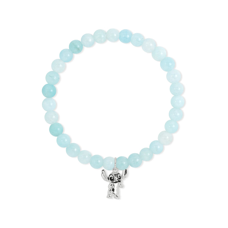 Bracelet élastique Disney en perles bleu clair brillantes avec breloque argentée à l'effigie de Stitch