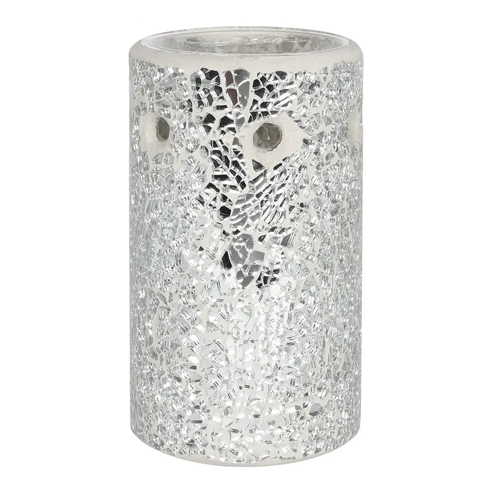 Brûle-parfum pilier en verre craquelé et mosaïque argentée aux reflets scintillants