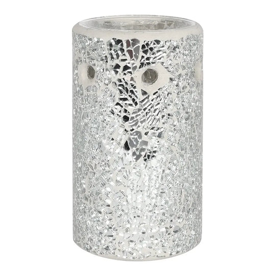 Brûle-parfum pilier en verre craquelé et mosaïque argentée aux reflets scintillants