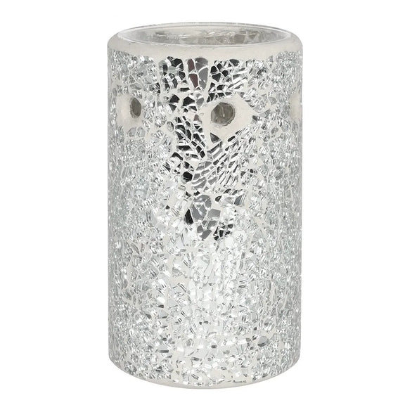 Brûle-parfum pilier en verre craquelé et mosaïque argentée aux reflets scintillants