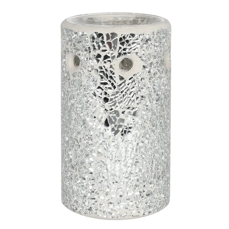 Brûle-parfum pilier en verre craquelé et mosaïque argentée aux reflets scintillants