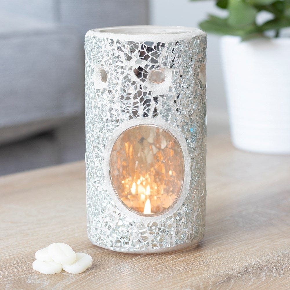 Brûle-parfum pilier en verre craquelé et mosaïque argentée aux reflets scintillants