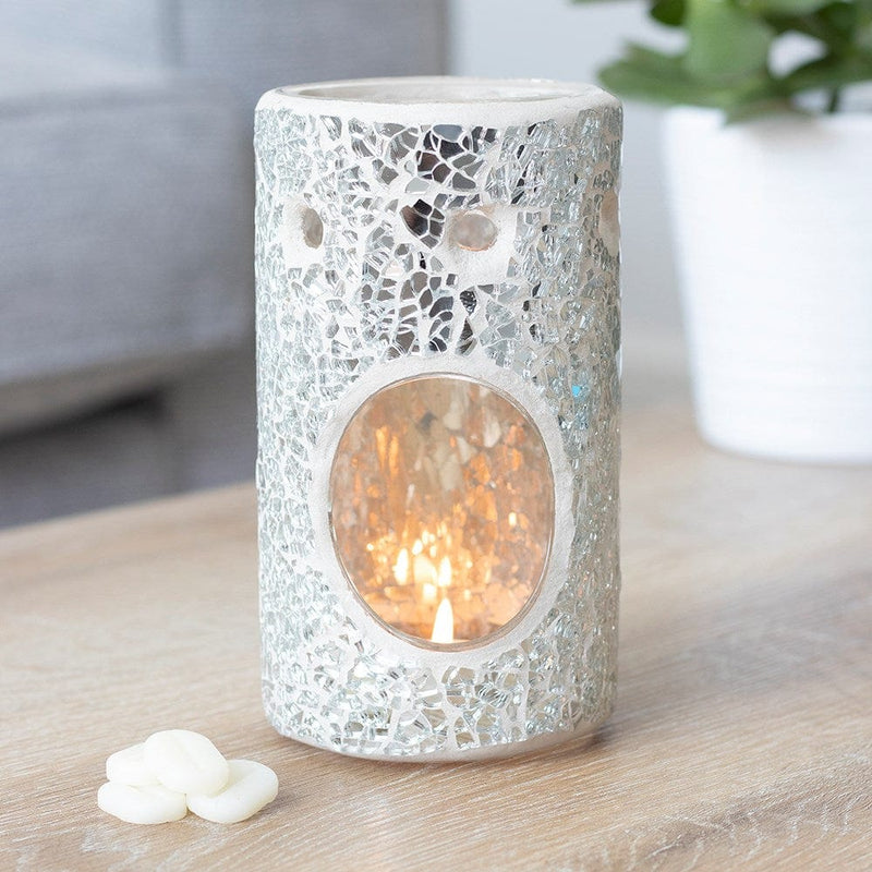 Brûle-parfum pilier en verre craquelé et mosaïque argentée aux reflets scintillants