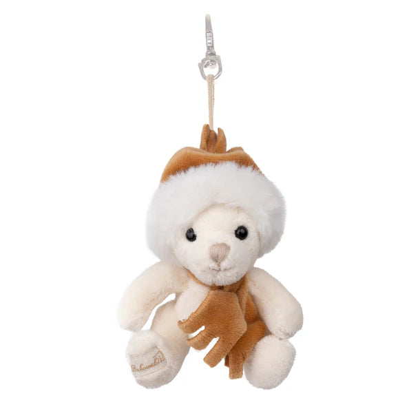 Porte-clé peluche Bukowski Eugène, ours blanc 10 cm avec bonnet suédine marron et écharpe