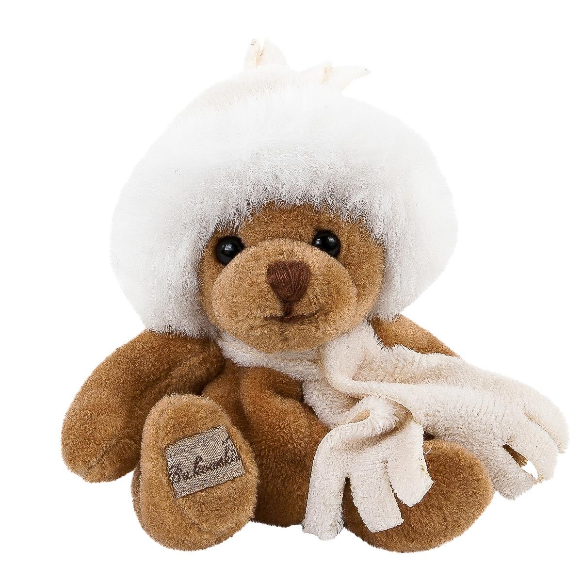 Porte-clé peluche Bukowski Eugène, ours brun 10 cm avec bonnet blanc et écharpe crème
