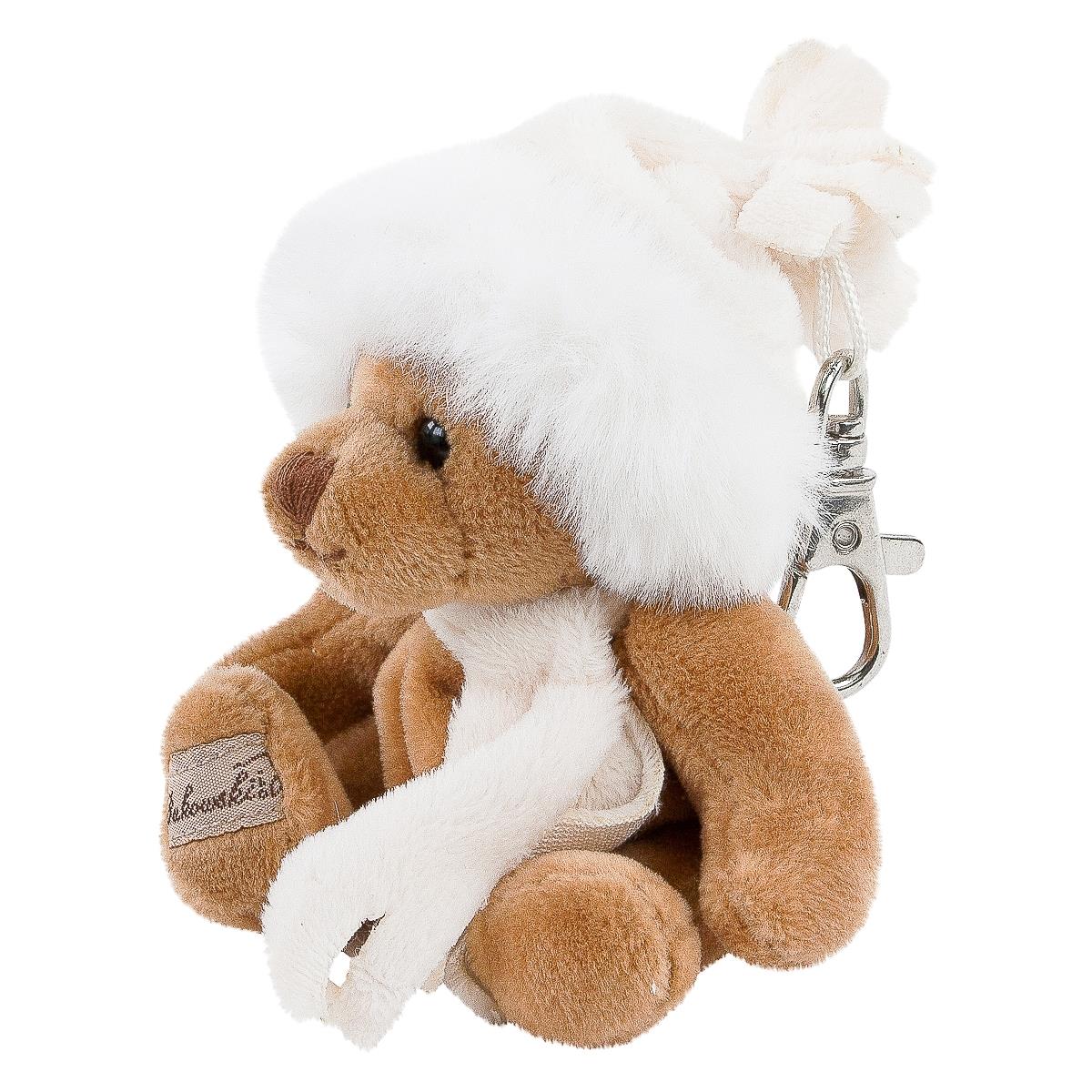 Porte-clé peluche Bukowski Eugène, ours brun 10 cm avec bonnet blanc et écharpe crème