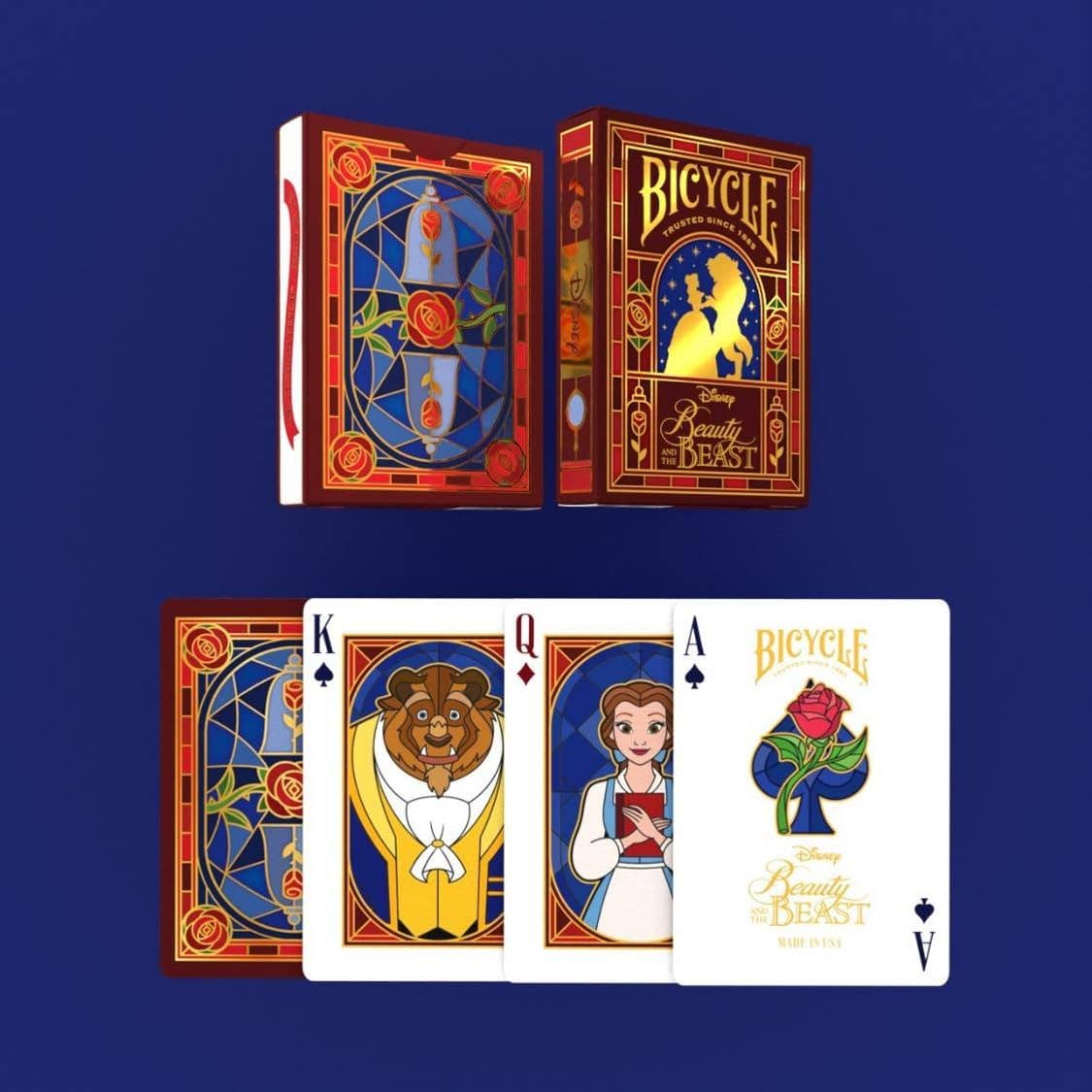 Jeu de cartes Bicycle Disney La Belle et la Bête, étui bordeaux et or, rose enchantée