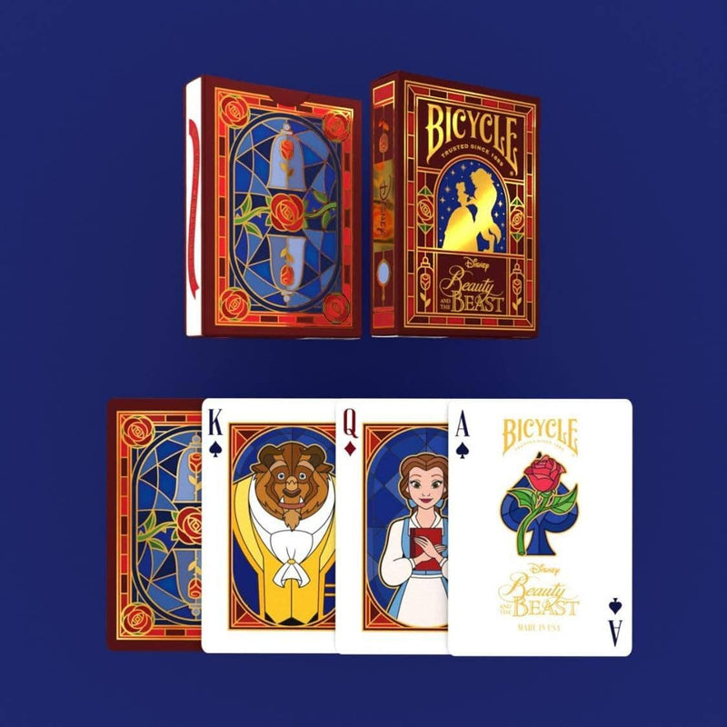 Jeu de cartes Bicycle Disney La Belle et la Bête, étui bordeaux et or, rose enchantée