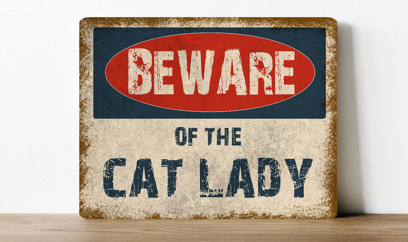 Plaque métal vintage humoristique Attention à la dame aux chats