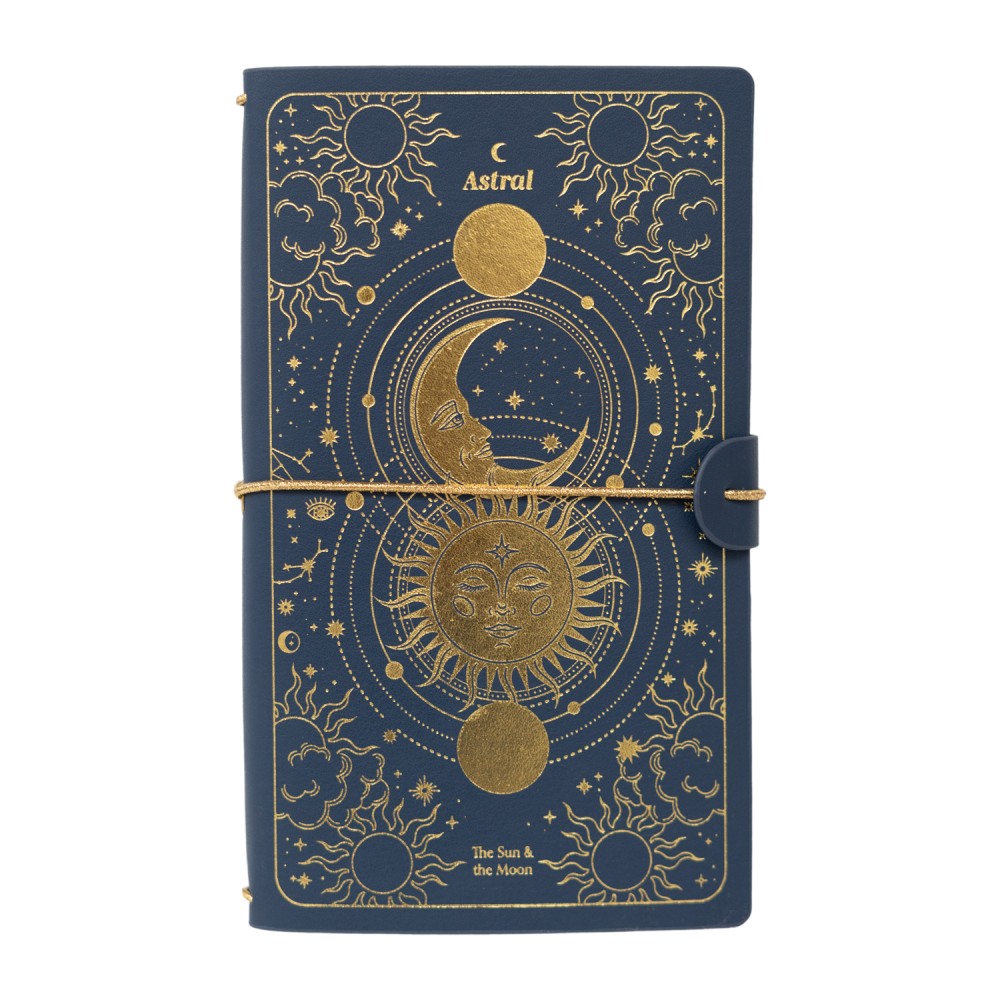 Carnet de voyage Astral bleu nuit avec motif doré soleil, lune et phases lunaires