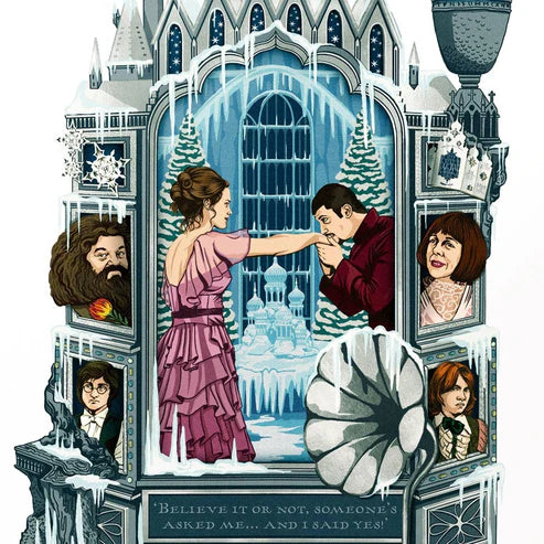 Carte postale MinaLima Harry Potter du Bal de Noël à Poudlard avec Hermione et Viktor Krum