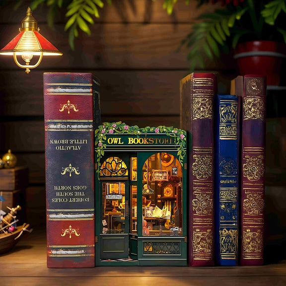 Book nook Librairie du Hibou, kit en bois 139 pièces avec LED, librairie miniature verte