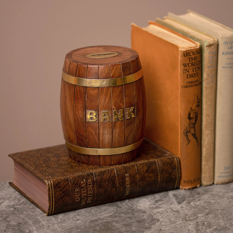 Tirelire tonneau vintage en bois massif avec inscription Banque en lettres dorées