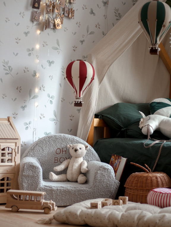 Montgolfière décorative moyen modèle en tissu et bois à suspendre, plusieurs coloris, esprit vintage