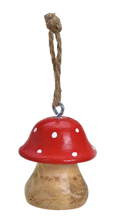 Suspension champignon en bois de 5 cm au chapeau rouge à pois blancs avec ficelle pour sapin ou porte
