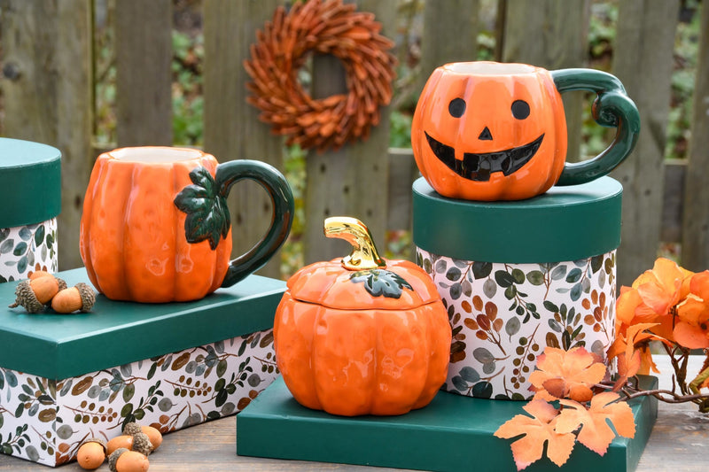 Boîte décorative citrouille en céramique émaillée orange avec tige dorée et feuille verte