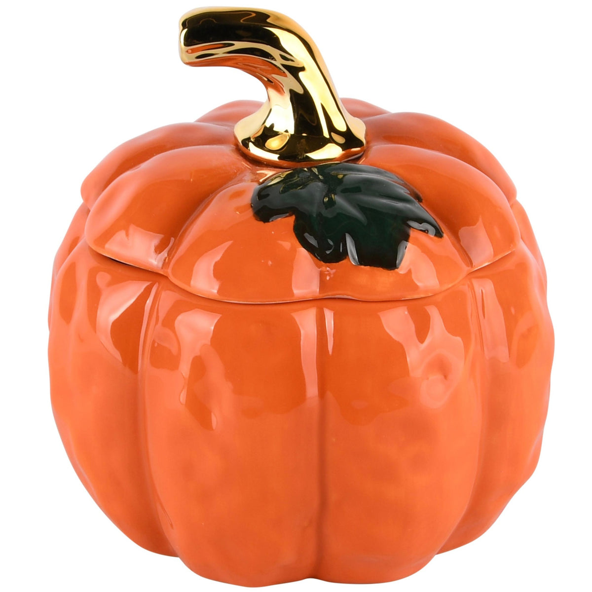 Boîte décorative citrouille en céramique émaillée orange avec tige dorée et feuille verte