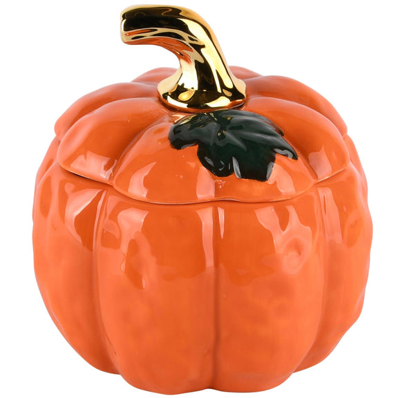 Boîte décorative citrouille en céramique émaillée orange avec tige dorée et feuille verte