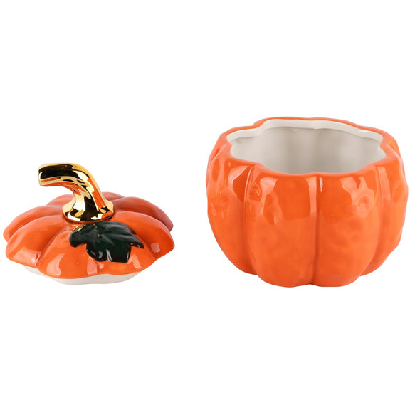 Boîte décorative citrouille en céramique émaillée orange avec tige dorée et feuille verte