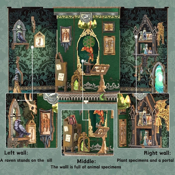 Book nook Herbier des Ténèbres, kit en bois 98 pièces avec LED, serre botanique vert émeraude