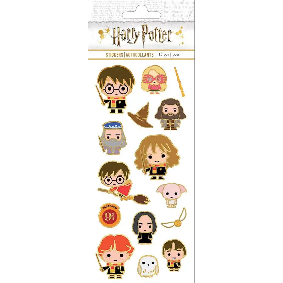 Planche de 15 stickers Harry Potter chibi kawaii avec Harry, Hermione, Ron, Dobby et Hedwige