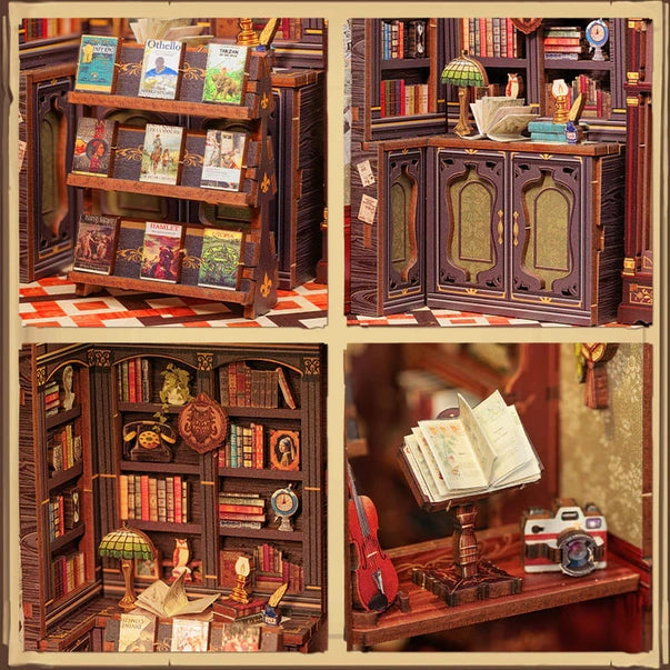 Book nook Librairie du Hibou, kit en bois 139 pièces avec LED, librairie miniature verte