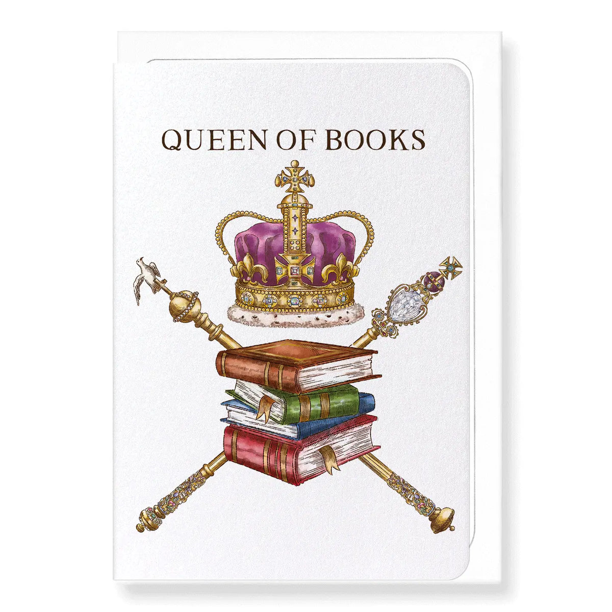 Carte postale Queen of Books illustrant une couronne royale posée sur un trône de livres anciens