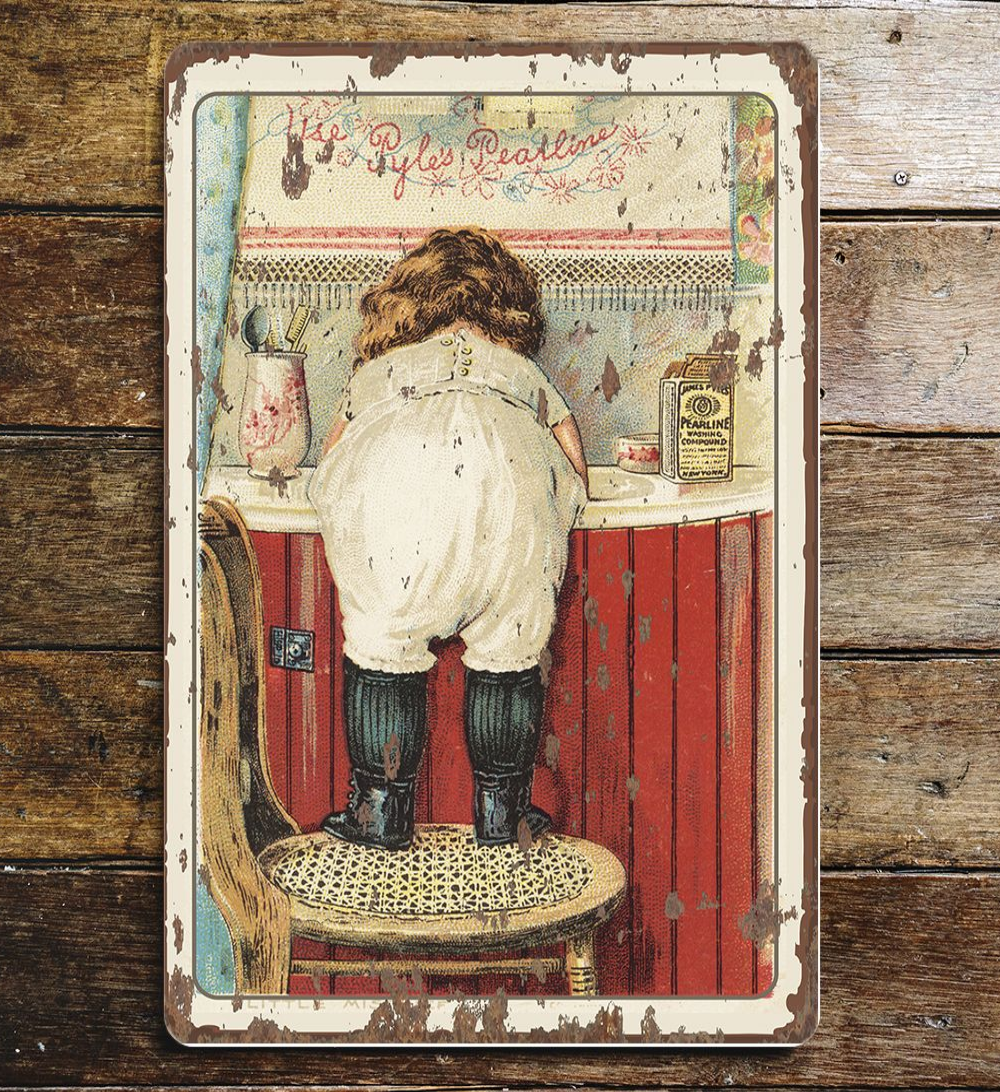 Plaque métal style victorien pour salle de bain d'enfant, aspect vieilli et patiné