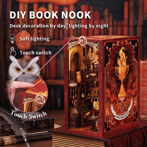Book nook Salle commune des flammes, kit 259 pièces avec LED, pièce d'école de magie miniature