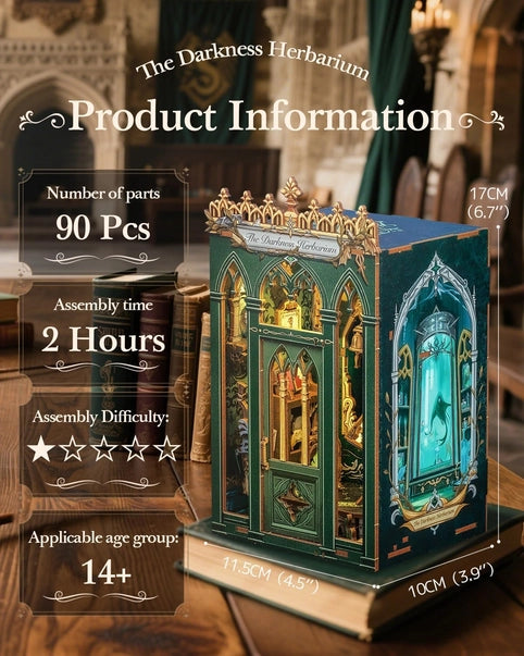 Book nook Herbier des Ténèbres, kit en bois 98 pièces avec LED, serre botanique vert émeraude