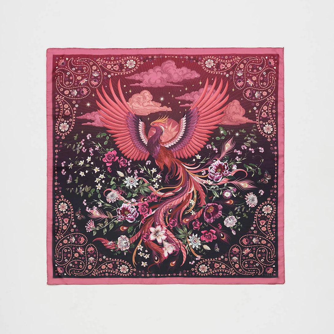 Foulard carré Fable England 90 x 90 cm, phénix dans un décor floral bordeaux, rose et violet