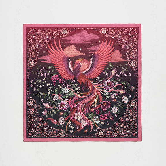 Foulard carré Fable England 90 x 90 cm, phénix dans un décor floral bordeaux, rose et violet