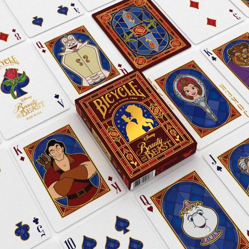 Jeu de cartes Bicycle Disney La Belle et la Bête, étui bordeaux et or, rose enchantée