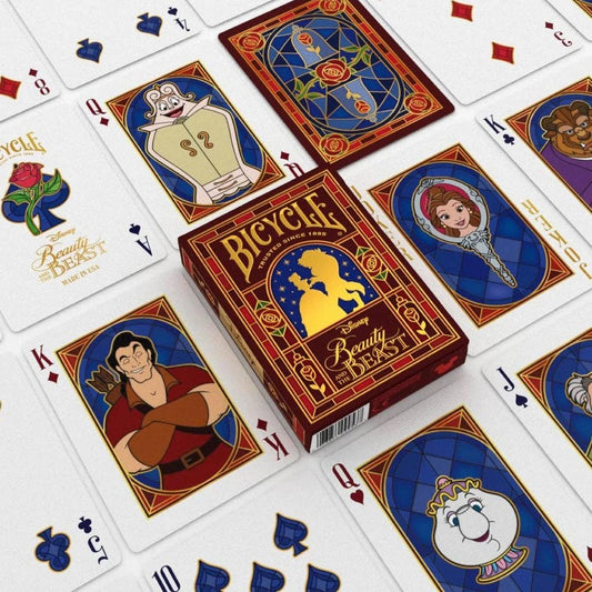 Jeu de cartes Bicycle Disney La Belle et la Bête, étui bordeaux et or, rose enchantée