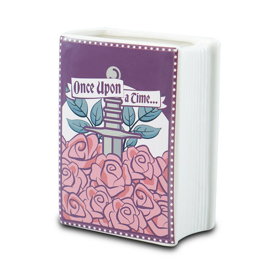 Vase céramique en forme de livre Once Upon a Time orné de roses aux tons rose, violet et bleu