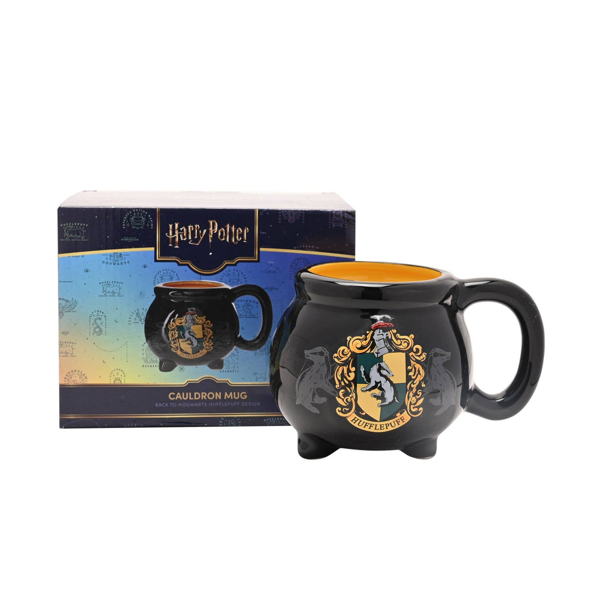Mug chaudron Harry Potter en céramique noire avec blason jaune de Poufsouffle