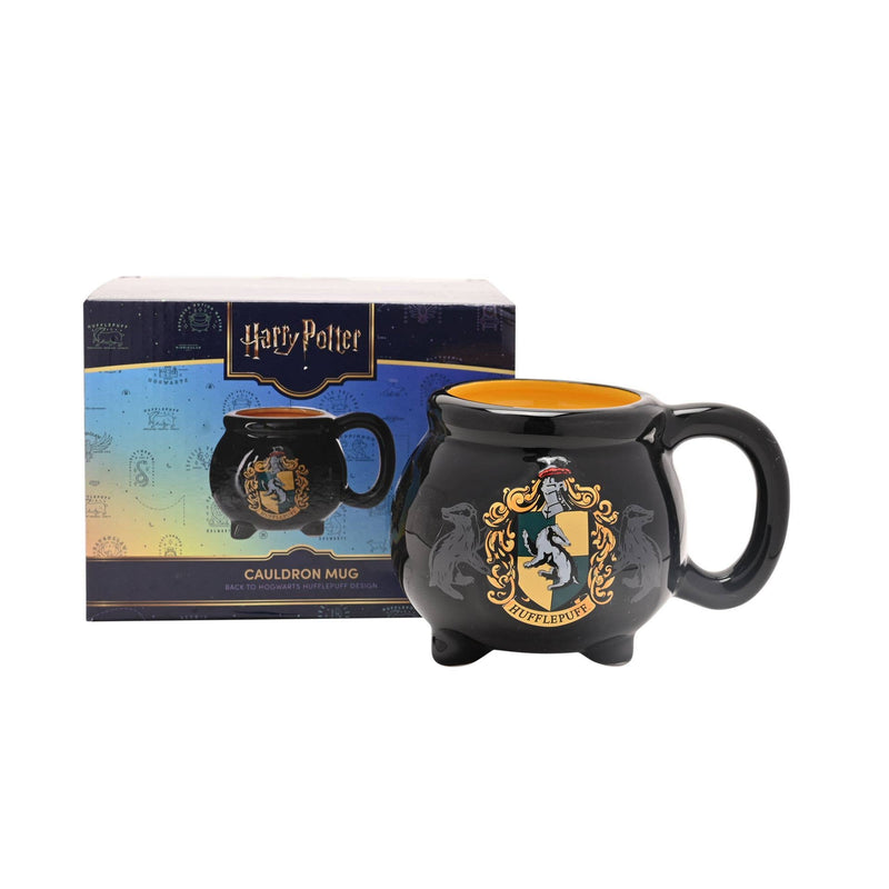 Mug chaudron Harry Potter en céramique noire avec blason jaune de Poufsouffle