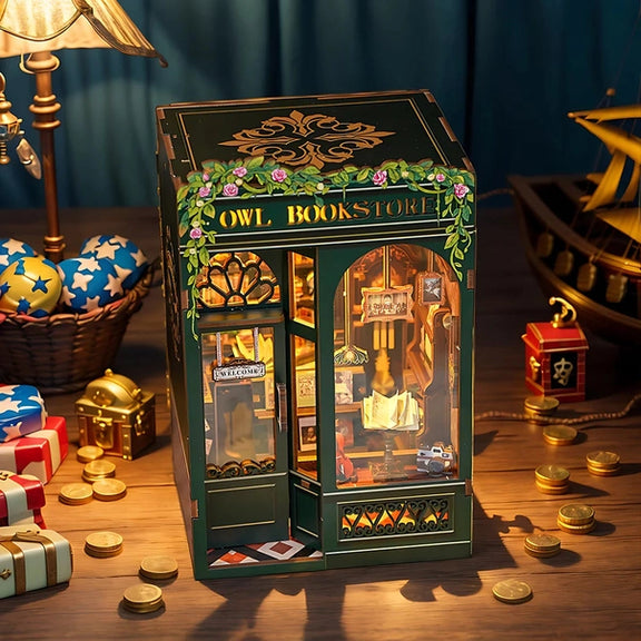 Book nook Librairie du Hibou, kit en bois 139 pièces avec LED, librairie miniature verte