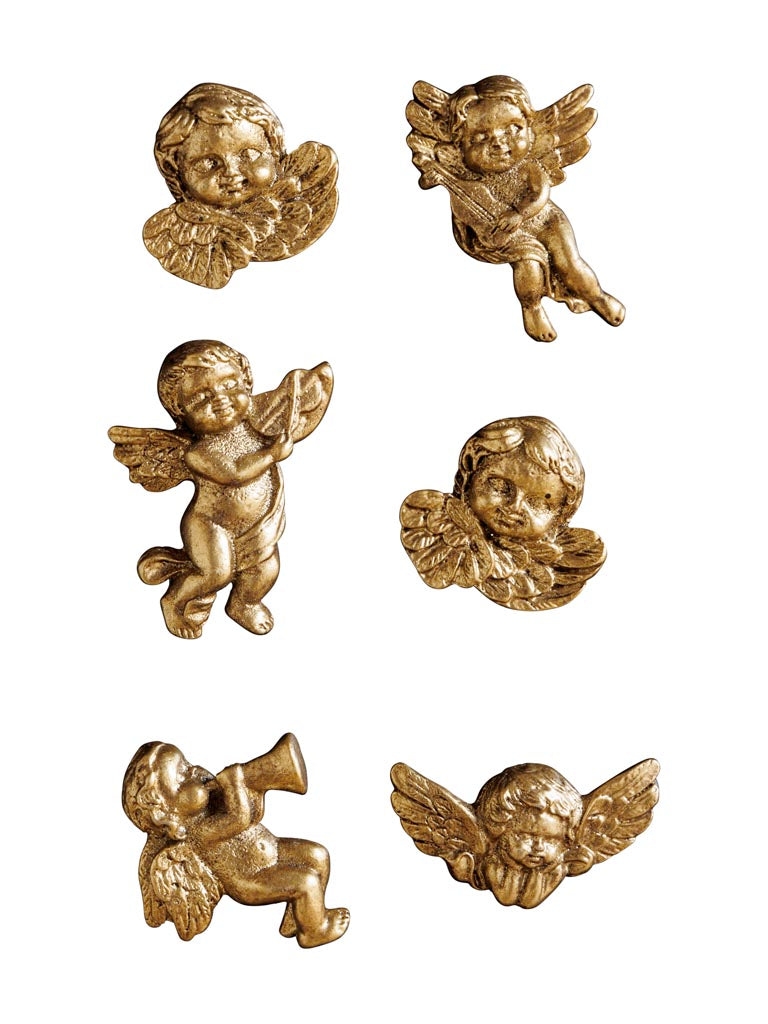 Set de 6 aimants anges chérubins dorés à patine vintage, postures variées