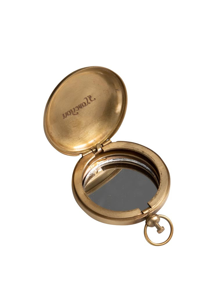Miroir de poche rond en laiton vieilli 4,5 cm gravé I Love You