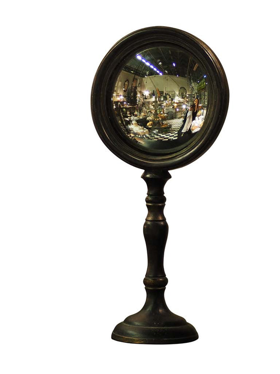 Miroir de sorcière convexe sur pied à reflet panoramique, style cabinet de curiosités