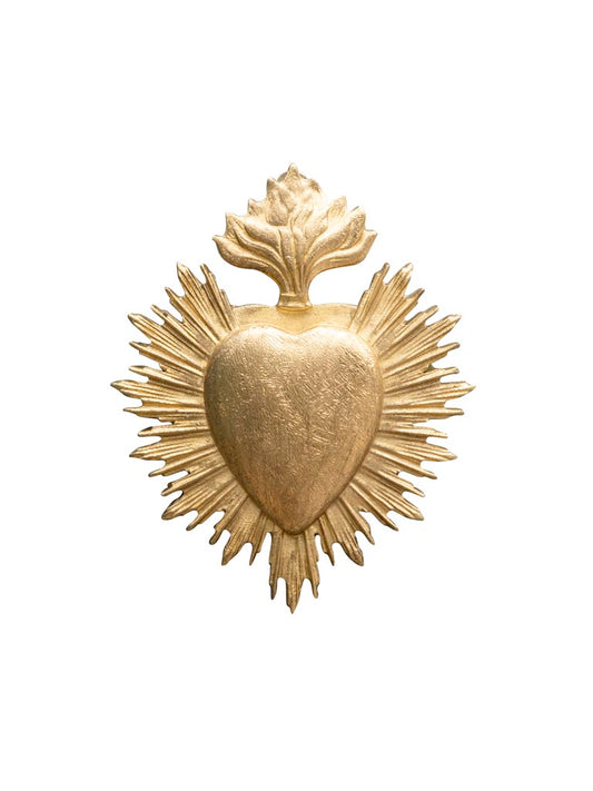 Mini ex-voto cœur sacré doré 9 x 7,5 cm avec rayons solaires et flamme stylisée
