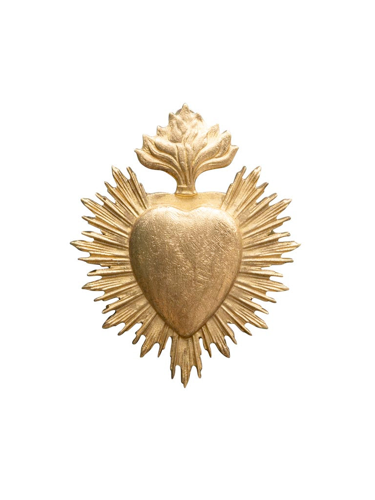 Mini ex-voto cœur sacré doré 9 x 7,5 cm avec rayons solaires et flamme stylisée