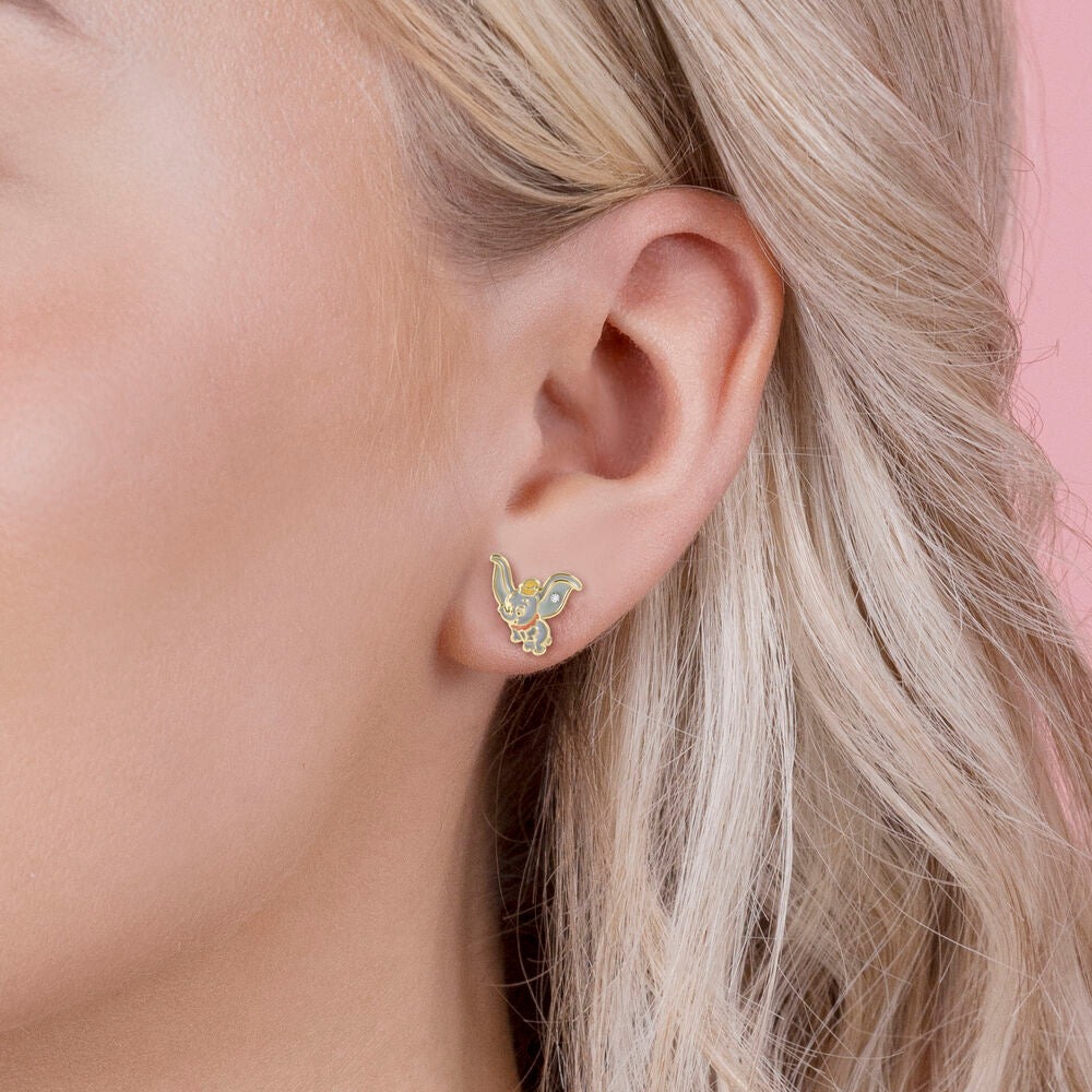Boucles d'oreilles Disney Dumbo en vol, métal doré émaillé avec un strass scintillant sur chaque aile