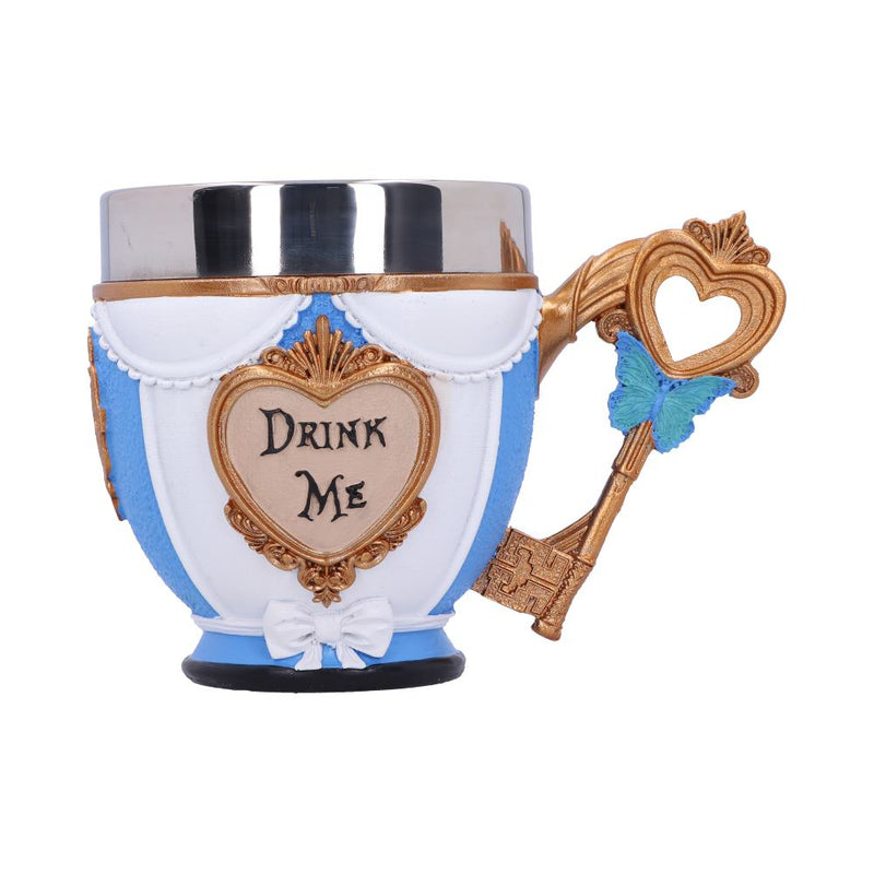 Tasse Drink Me Alice au Pays des Merveilles, robe bleue et blanche et cœur doré en relief