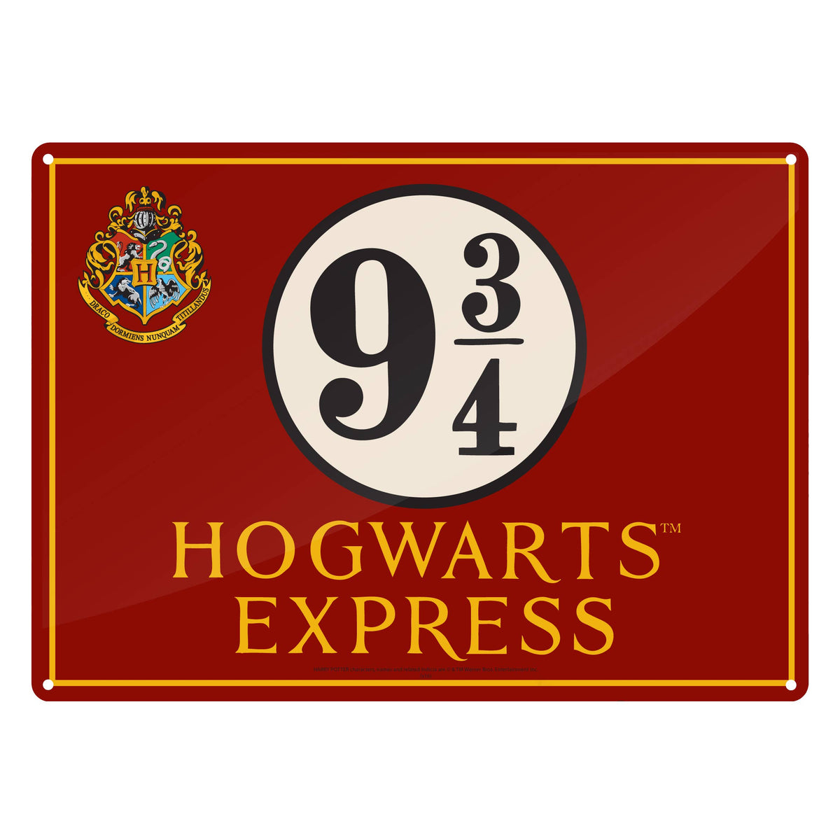 Plaque métal Harry Potter rouge, quai 9¾ Hogwarts Express avec blason de Poudlard