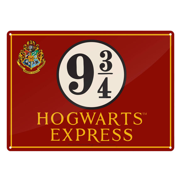 Plaque métal Harry Potter rouge, quai 9¾ Hogwarts Express avec blason de Poudlard