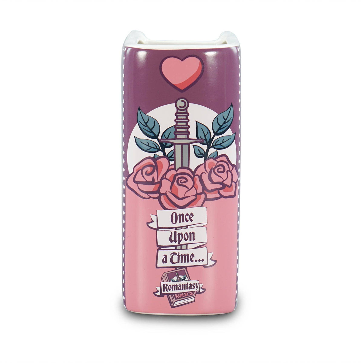 Vase céramique en forme de livre Once Upon a Time orné de roses aux tons rose, violet et bleu