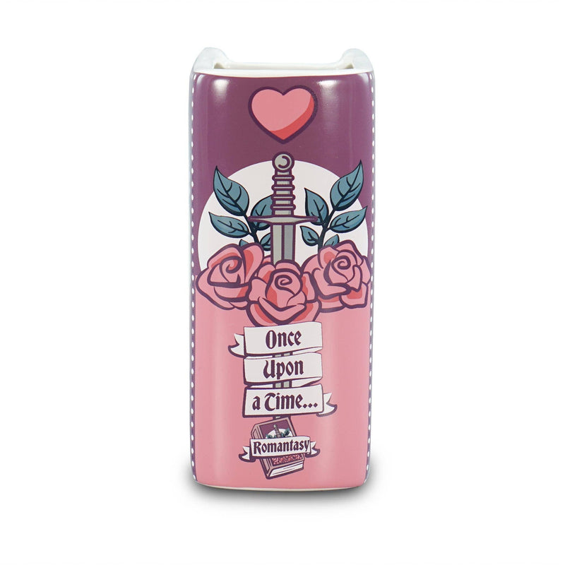 Vase céramique en forme de livre Once Upon a Time orné de roses aux tons rose, violet et bleu